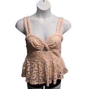 Material Girl Size XL Pink Stretch Crochet Lace Peplum Cami Top Y2K Coquette